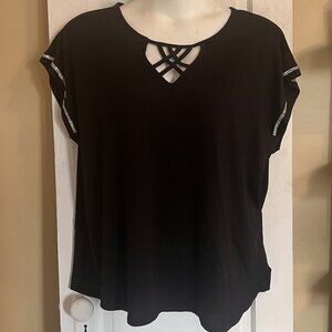 Super Soft Black Knit Tee w/Criss-Cross Neckline and Rhinestone Border Sleeve 3X